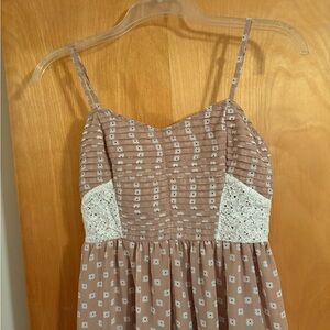 Bar III 🤍 Tan Mini Dress with Floral Dots, Pleated Bodice and Lace Accents